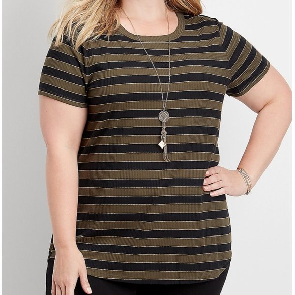 Maurices Army Green Gold Black Striped Ribbed Short Sleeve T-Shirt Top - Picture 4 of 4